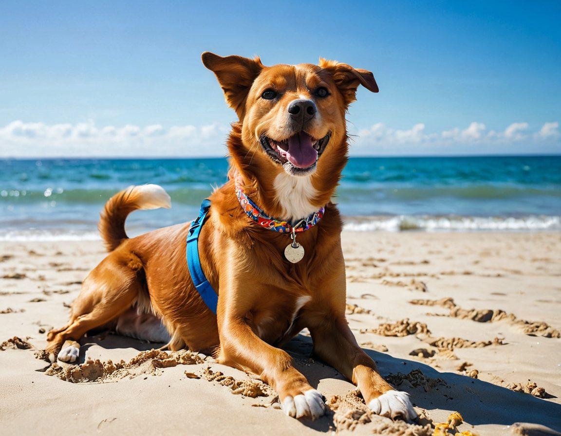 A vibrant beach scene featuring a joyful individual wearing colorful beachwear, showcasing a transition from a melancholic expression to a bright smile. Beside them, an exuberant dog with a wagging tail, playing in the sand, symbolizes companionship and happiness. The sun shines brightly in a clear blue sky, casting warm light over the scene, exemplifying the joy of summer moments. super-realistic. vibrant colors. bright sunny atmosphere.